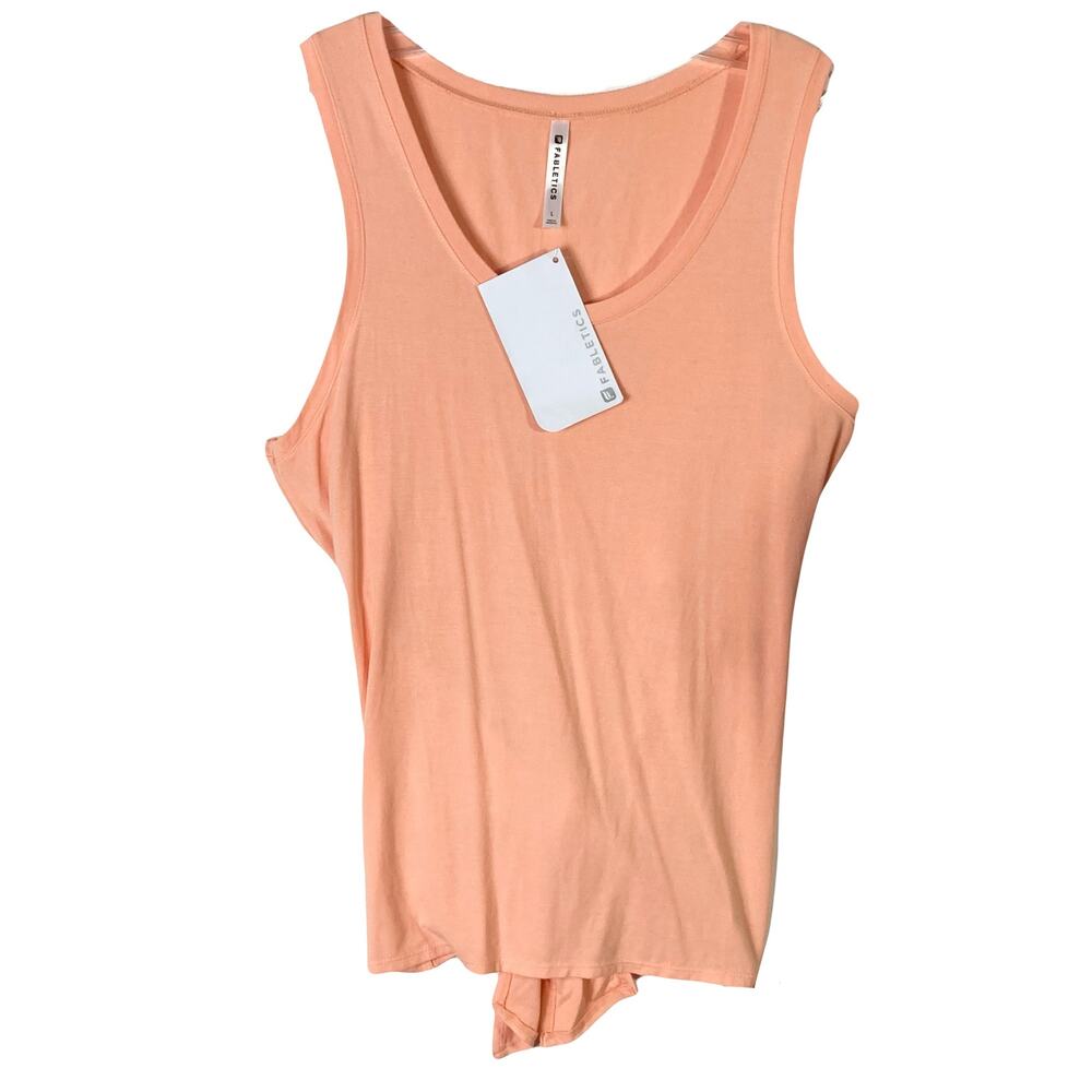 NWT FABLETICS Tank Top L Peach Bow Cut Out Back Shiny Logo Metal Sleeveless